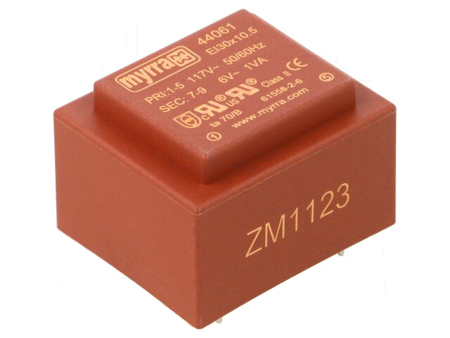 Transformator: ingegoten; 1VA; 117VAC; 6V; 167mA; PCB Transformator: ingegoten; 1VA; 117VAC; 6V; 167mA; PCB